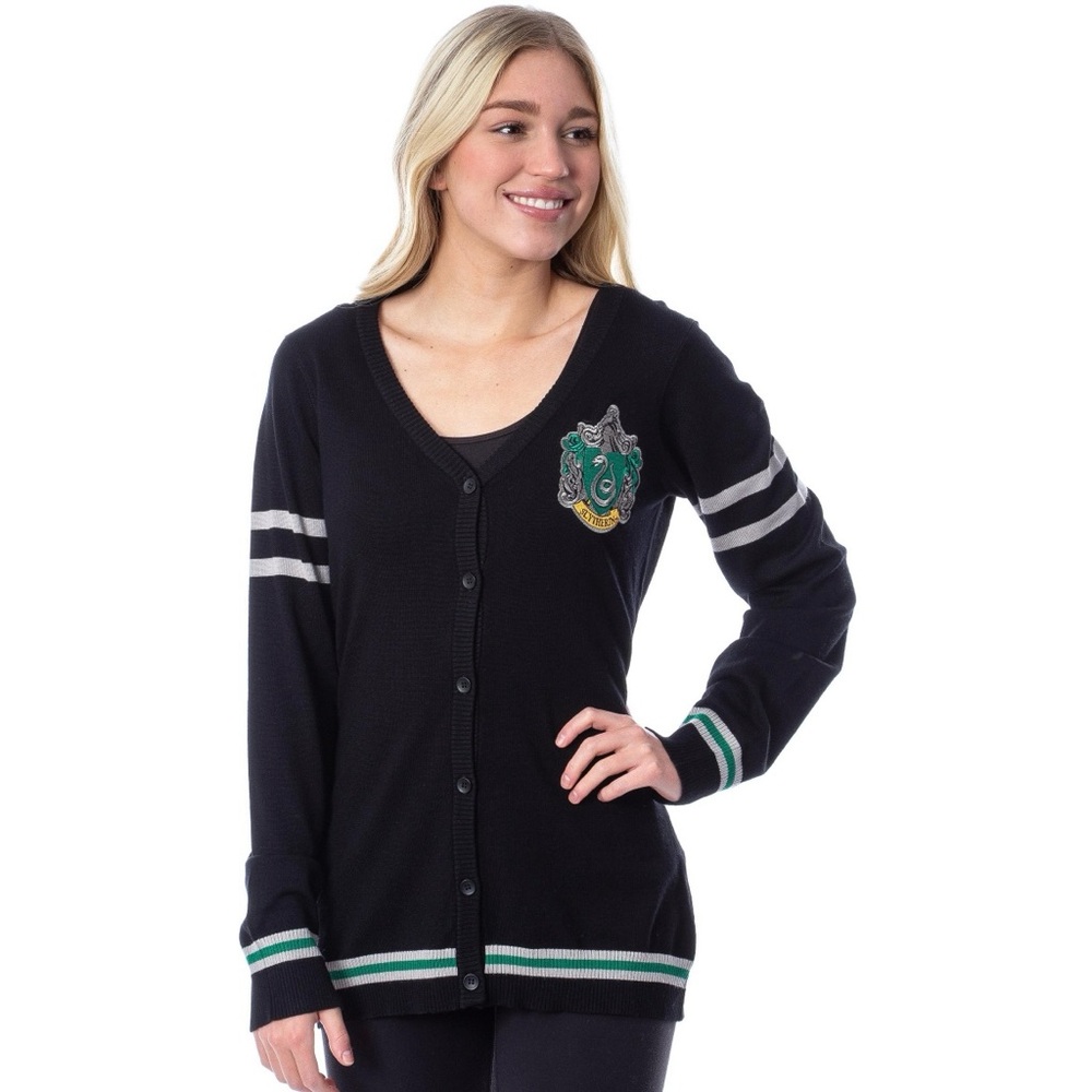Harry Potter Womens' Slytherin House Open Front Cardigan Juniors Knit Sweater SM